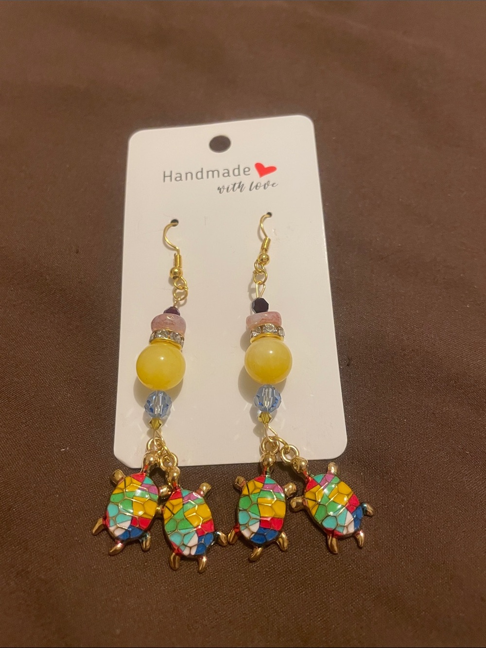 H21 - 2/$7 - Handmade Multicolor Turtle Drop Fashion Earrings with Yellow Beads